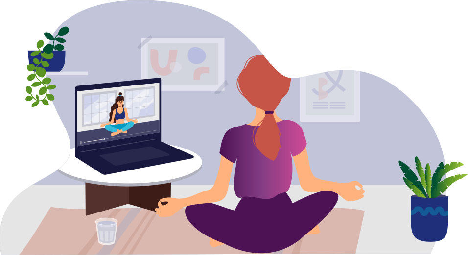Grafik mit Frau in Yogapose vor einem Laptop